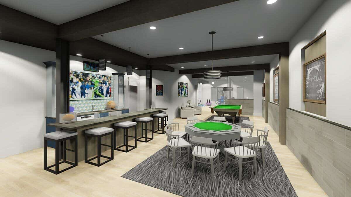 Rec room with a wet bar and multiple game tables under a beamed ceiling.
