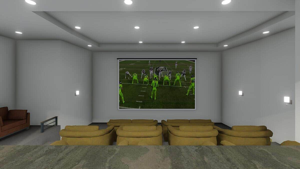 Home theater with a tray ceiling, a large screen, round-back chairs, and a brown sofa.