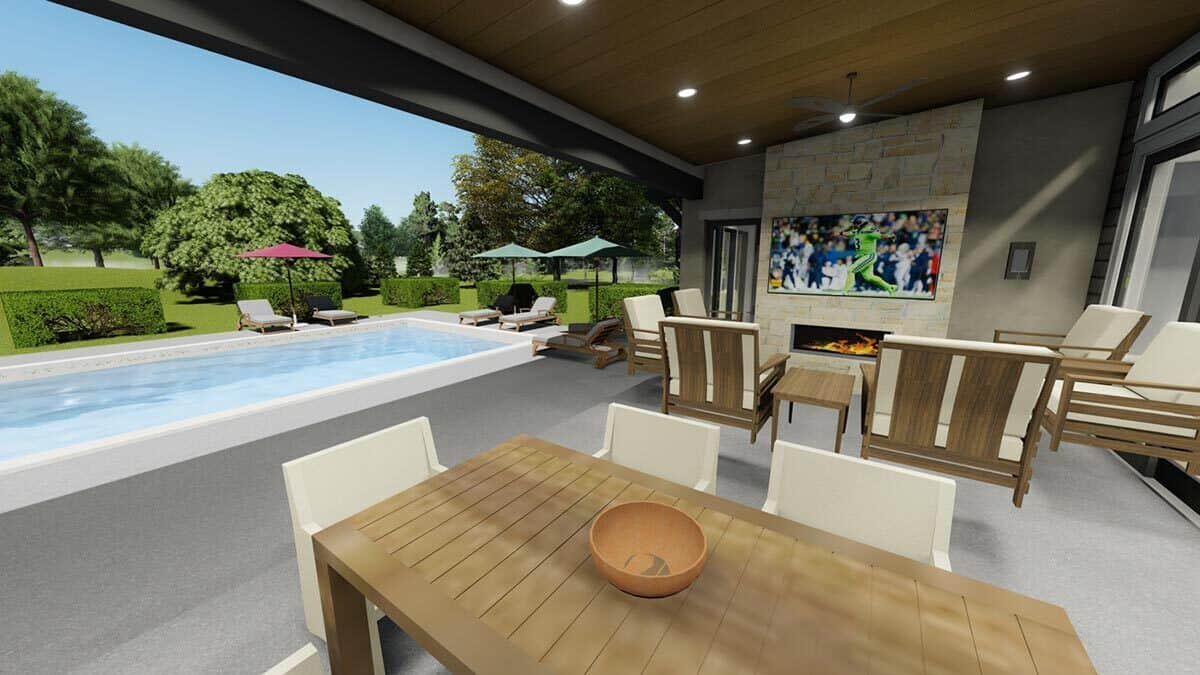 The covered patio transitions to a pool terrace.