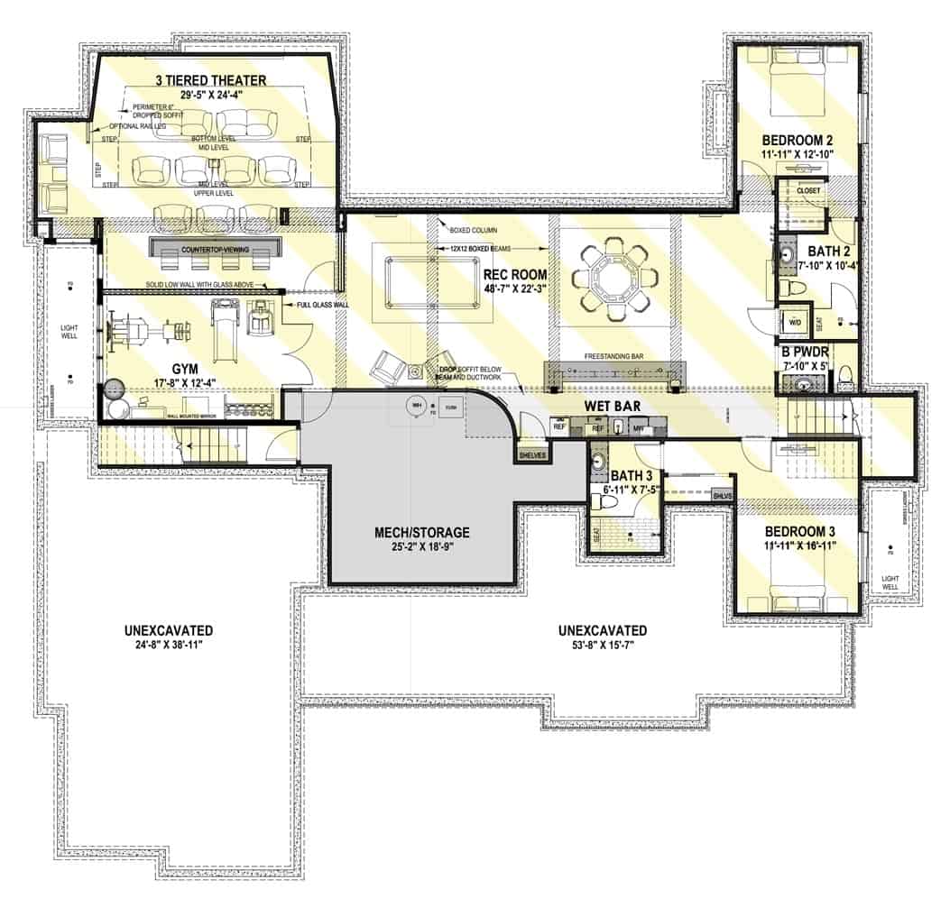Lower level floor plan with two bedrooms, a rec room, home gym, 3-tiered theater, and tons of storage space.