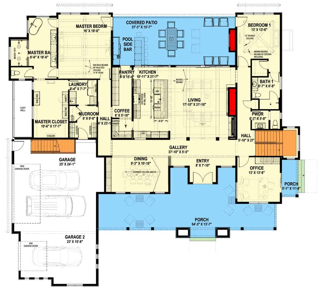 Main level floor plan of a craftsman style 4-bedroom single-story farmhouse with a foyer, living room, dining room, kitchen, home office, two bedrooms, laundry room, and a mudroom leading to the garage.