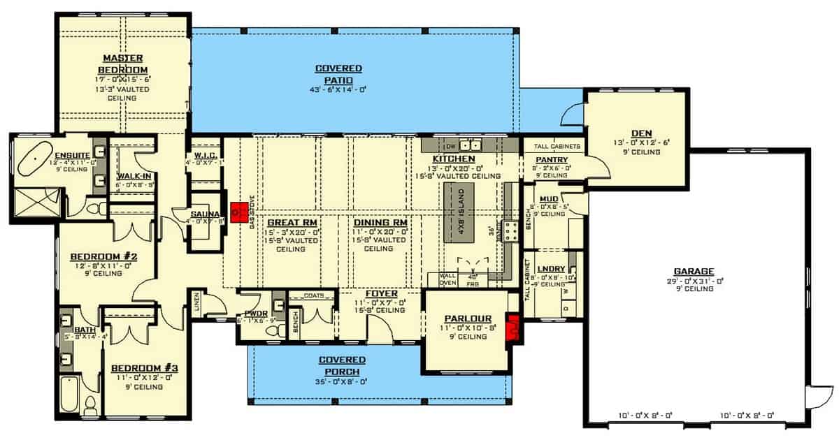 Main level floor plan of a mountain style 3-bedroom single-story ranch with foyer, great room, dining area, kitchen, three bedrooms, den, laundry, and mudroom leading to the garage.