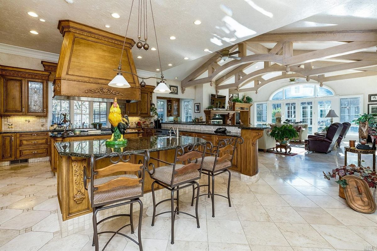 Kitchen open to the living room and dining area.