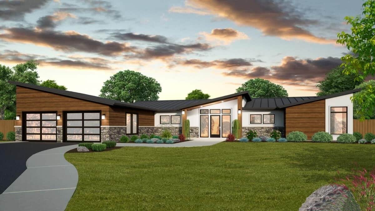 Modern 4-Bedroom Single-Story Shed Roof Home with Double Garage and Covered Patios