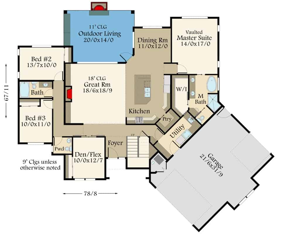 Main level floor plan of a rustic 4-bedroom two-story modern farmhouse with a foyer, great room, dining area, kitchen, den, three bedrooms, and utility leading to the angled garage.