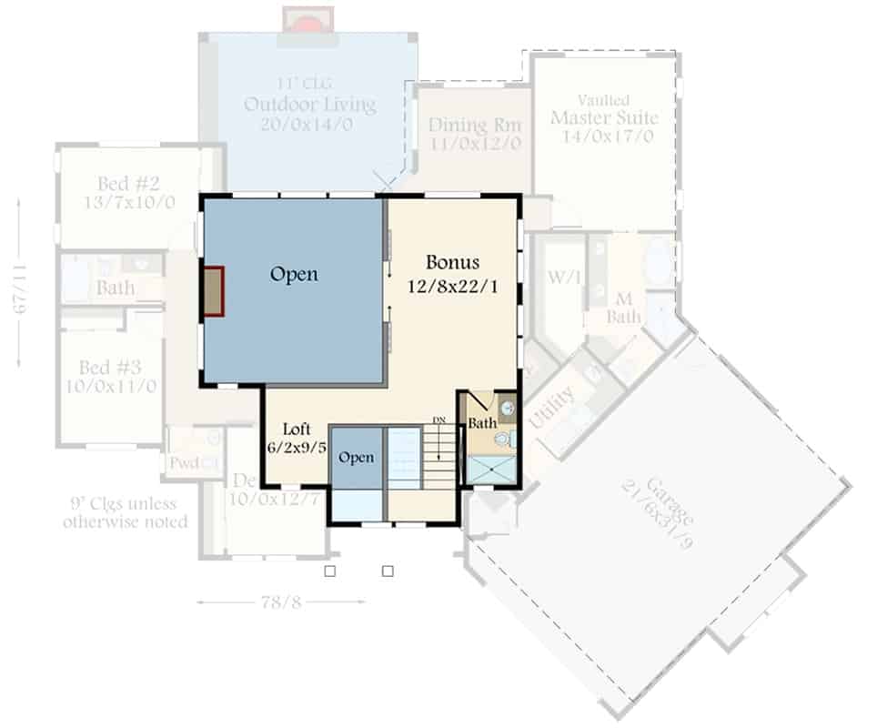 Second level floor plan with a bonus room, a loft, and a shared bathroom.