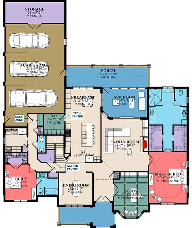 Main level floor plan of a 4-bedroom traditional style two-story home with family room, kitchen, breakfast room, dining room, study, two bedrooms, tech center, laundry, and 3-car garage.