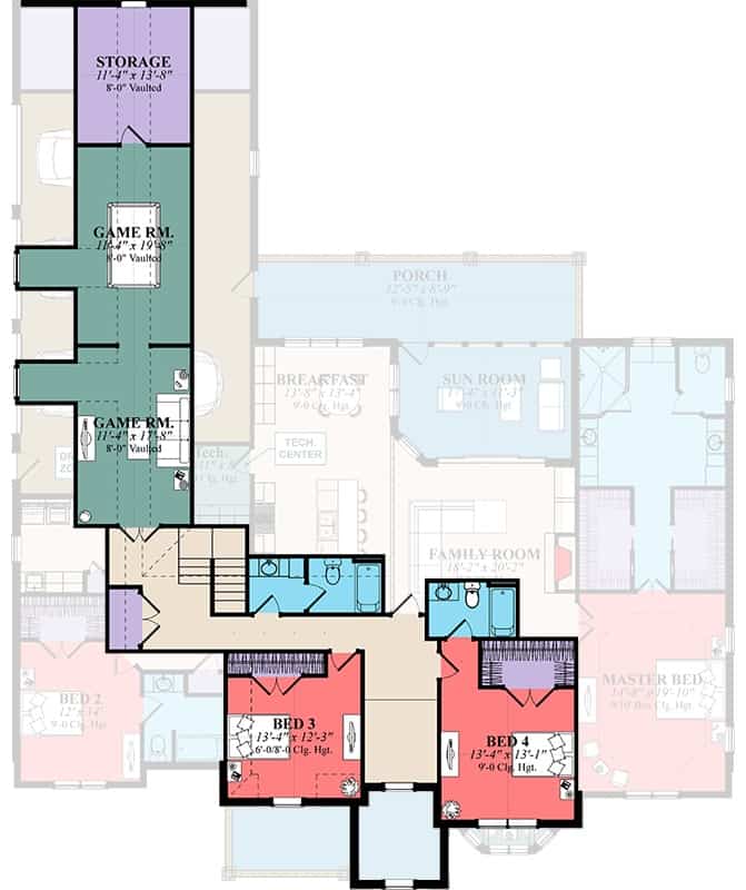 Second level floor plan with two bedrooms, two baths, two game rooms, and a storage room.