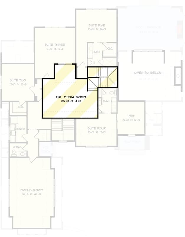 Third level floor plan with a future media room.