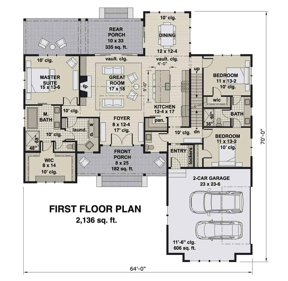 Main level floor plan of the St. Croix single-story 3-bedroom modern farmhouse with foyer, great room, dining area, kitchen, three bedrooms, and mudroom leading to the garage.
