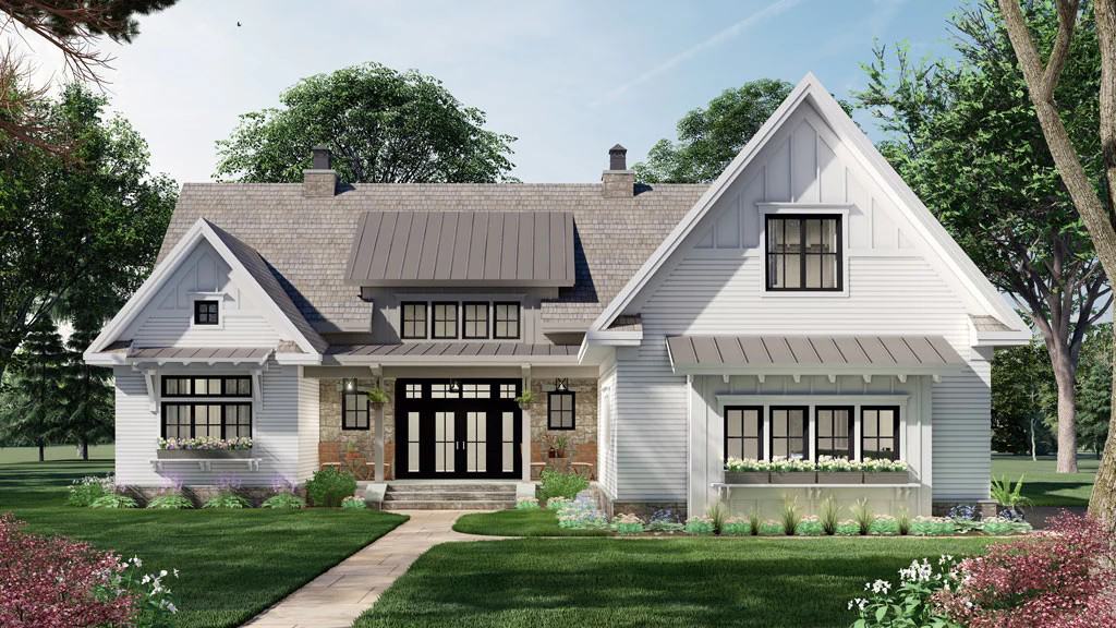 Front rendering with gable rooflines, metal awnings, and a covered entry porch topped with a shed dormer.