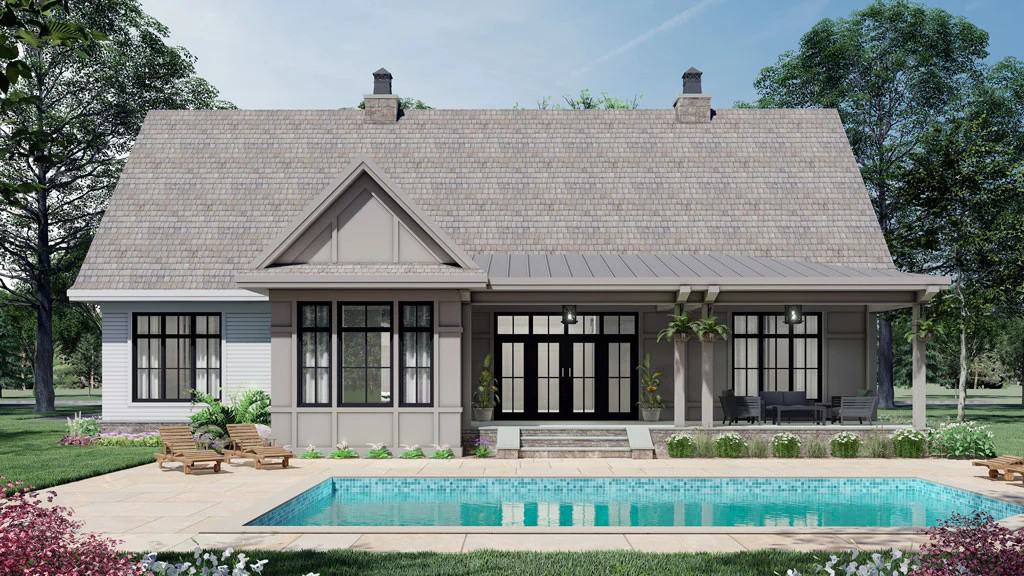 Rear rendering with a spacious covered patio and a pool terrace.