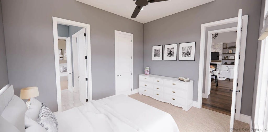 Third bedroom with gray walls, white furnishings, and full bath access.