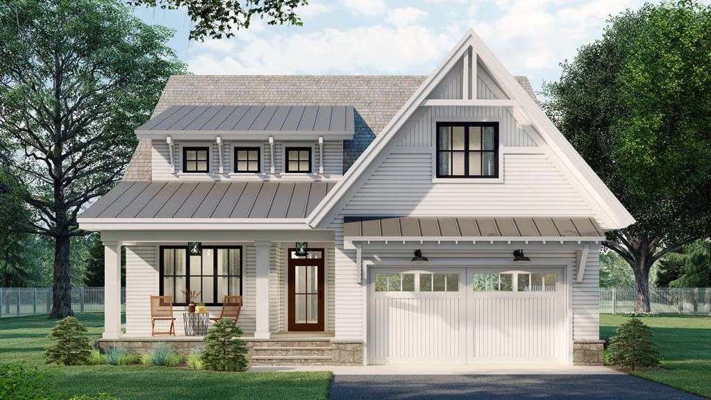 Front rendering with a double front-loading garage and a covered entry porch topped with a shed dormer.
