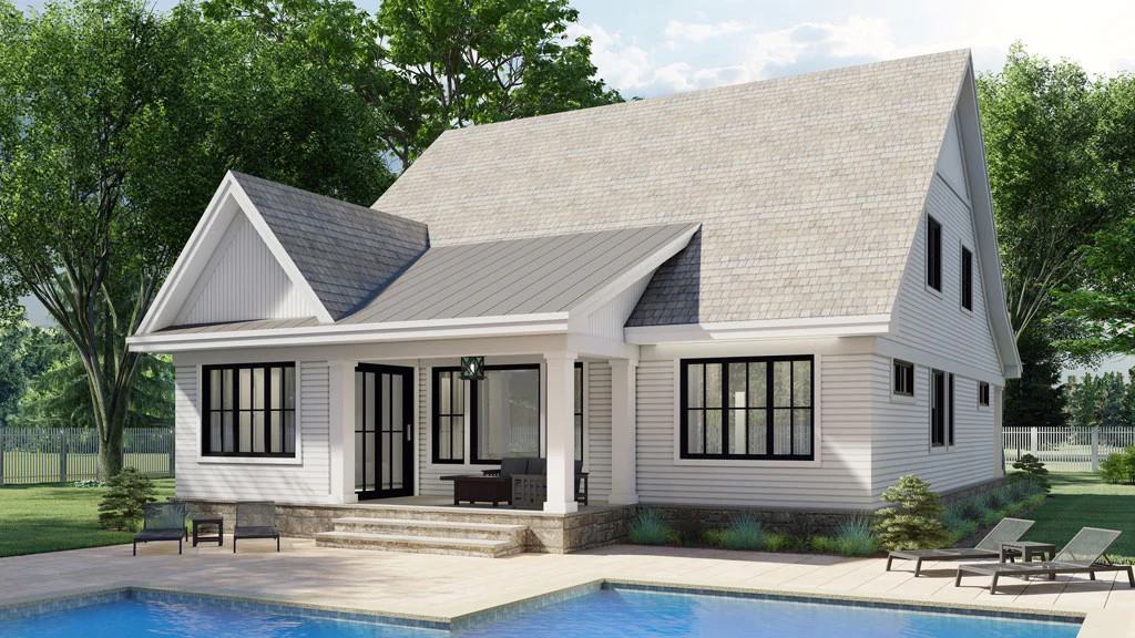 Rear rendering with a covered porch and a pool deck.