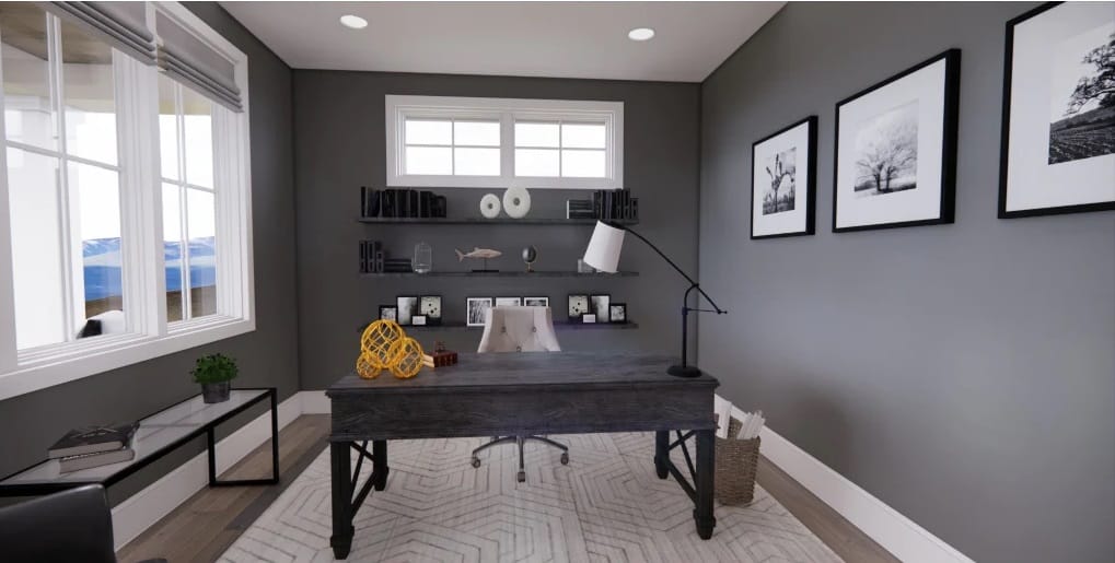 Home office with a metal bench, a rustic desk, and floating shelves fixed against the gray wall.