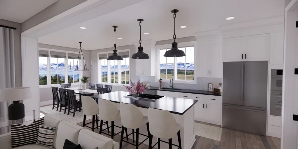 Kitchen with white cabinetry, stainless steel appliances, and a breakfast bar fitted with a sink.