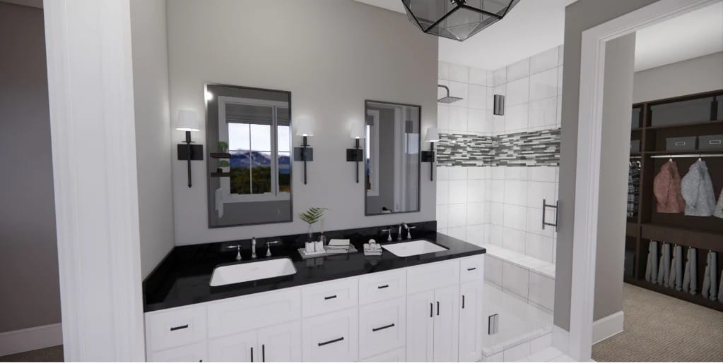 The primary bathroom includes a tiled shower and a walk-in closet.