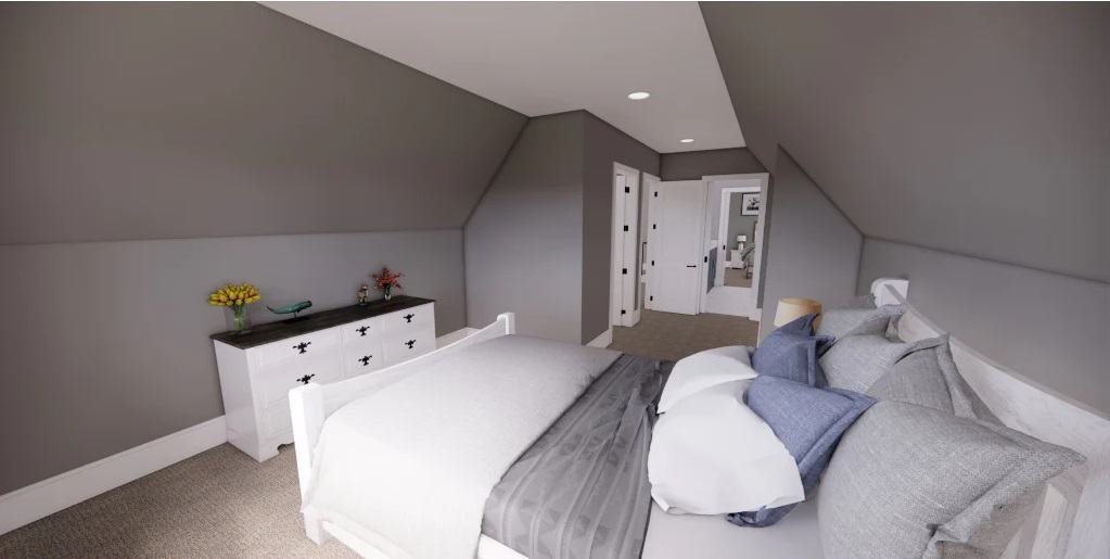 Secondary bedroom with a white bed and a matching dresser under a vaulted ceiling.