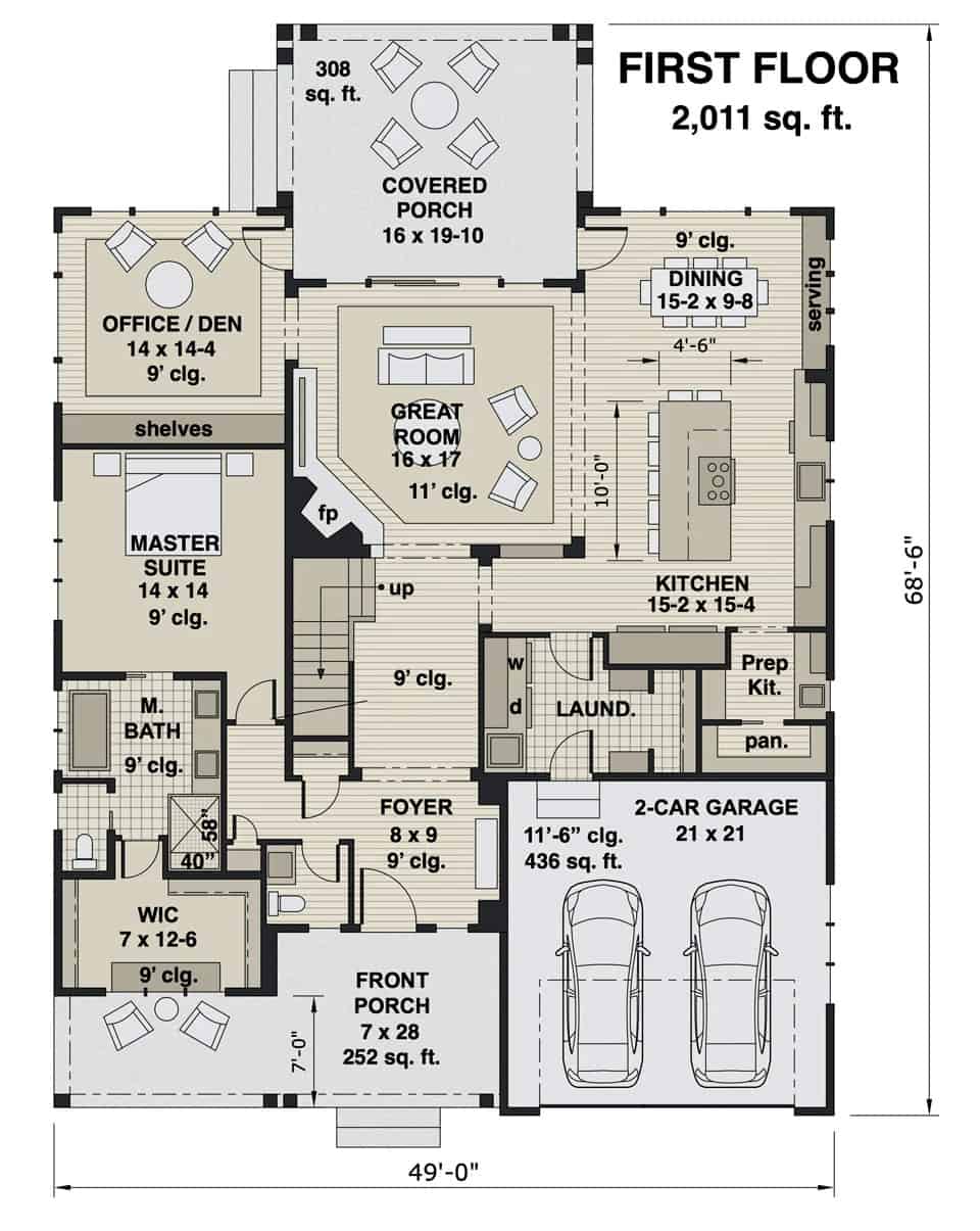 Main level floor plan of a two-story 3-bedroom Middlebrook modern farmhouse with foyer, great room, kitchen, dining area, primary suite, office/den, and laundry room leading to the garage.