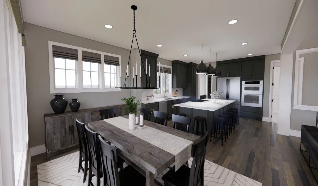 Dining area with black chairs and a rustic table over a patterned area rug.