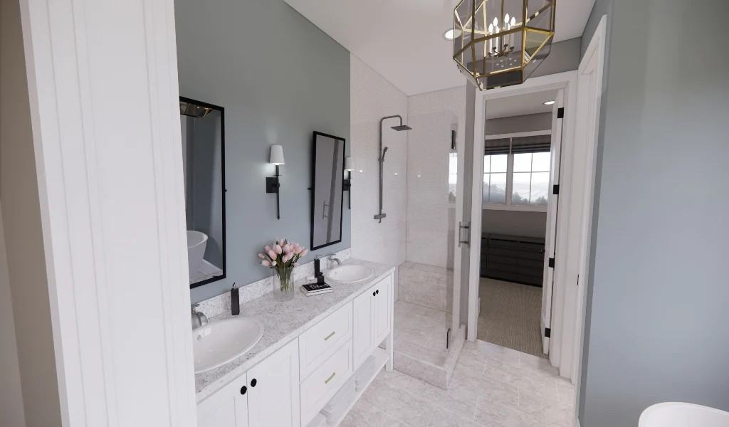 The primary bathroom includes a dual sink vanity, a tiled shower, and a walk-in closet.
