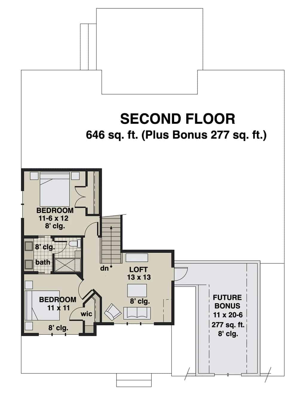 Second level floor plan with a loft, a bonus room, and two bedrooms sharing a Jack and Jill bath.