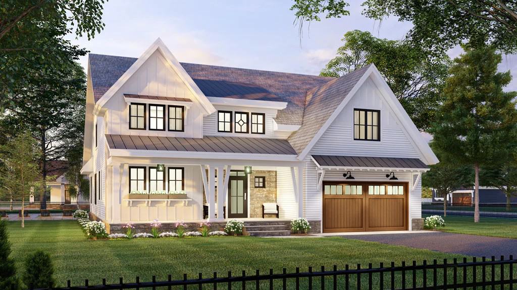 Front rendering with a double front-facing garage and a covered entry porch with a stone stoop.