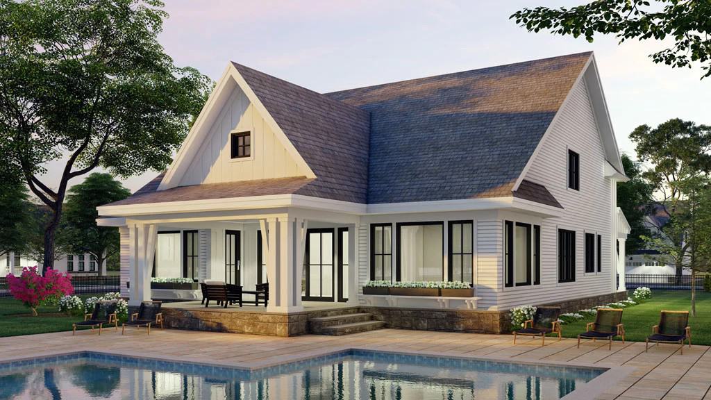 Rear rendering with a covered porch and a pool terrace.