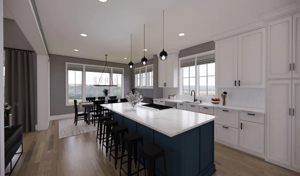 Kitchen with white cabinets and a contrasting cooktop island with bar seating.