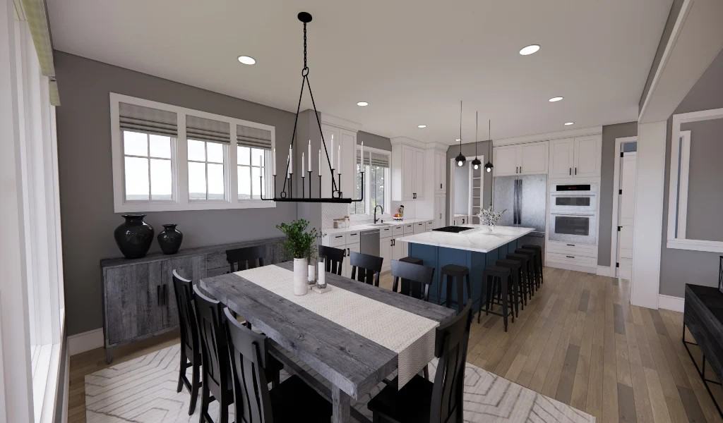 Dining area with a rustic buffet table and a matching dining set sitting on a patterned area rug.