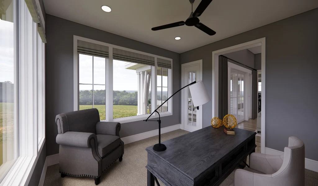Home office with a dark wood desk, upholstered armchairs, and gray walls lined with white trims.