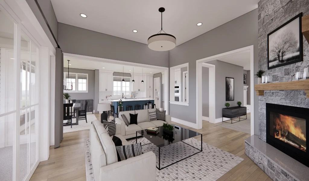 Great room with a corner fireplace and sliding glass doors that open to the rear porch.