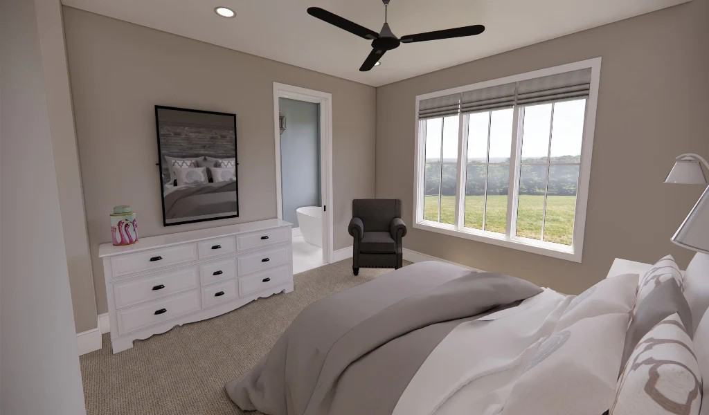 Primary bedroom with a carpeted floor, a white dresser, and an ensuite bathroom.