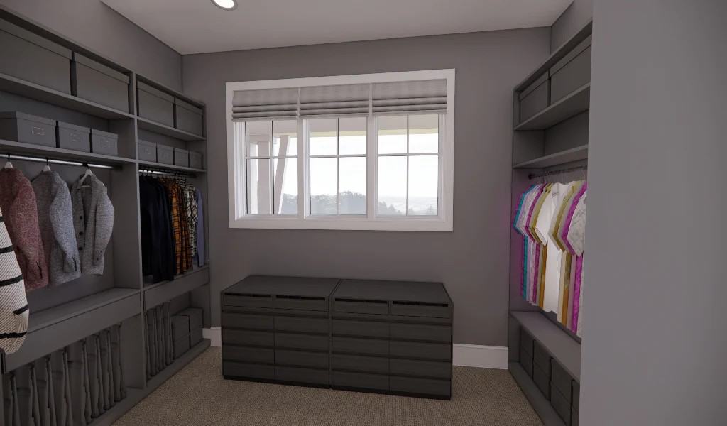 Primary walk-in closet with dark wood built-ins and a storage bench under the white-framed windows.