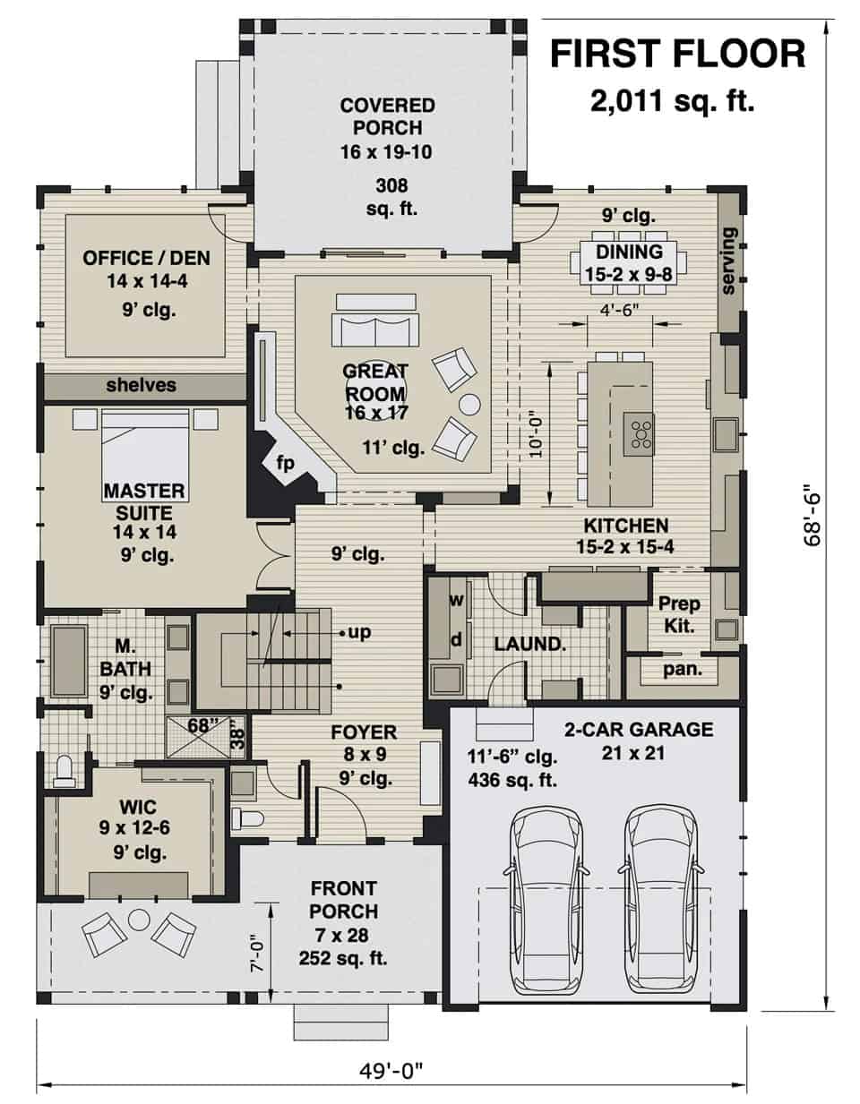 Main level floor plan of a 3-bedroom two-story Delta modern farmhouse with foyer, great room, kitchen, dining area, primary suite, office/den, and laundry room leading to the garage.