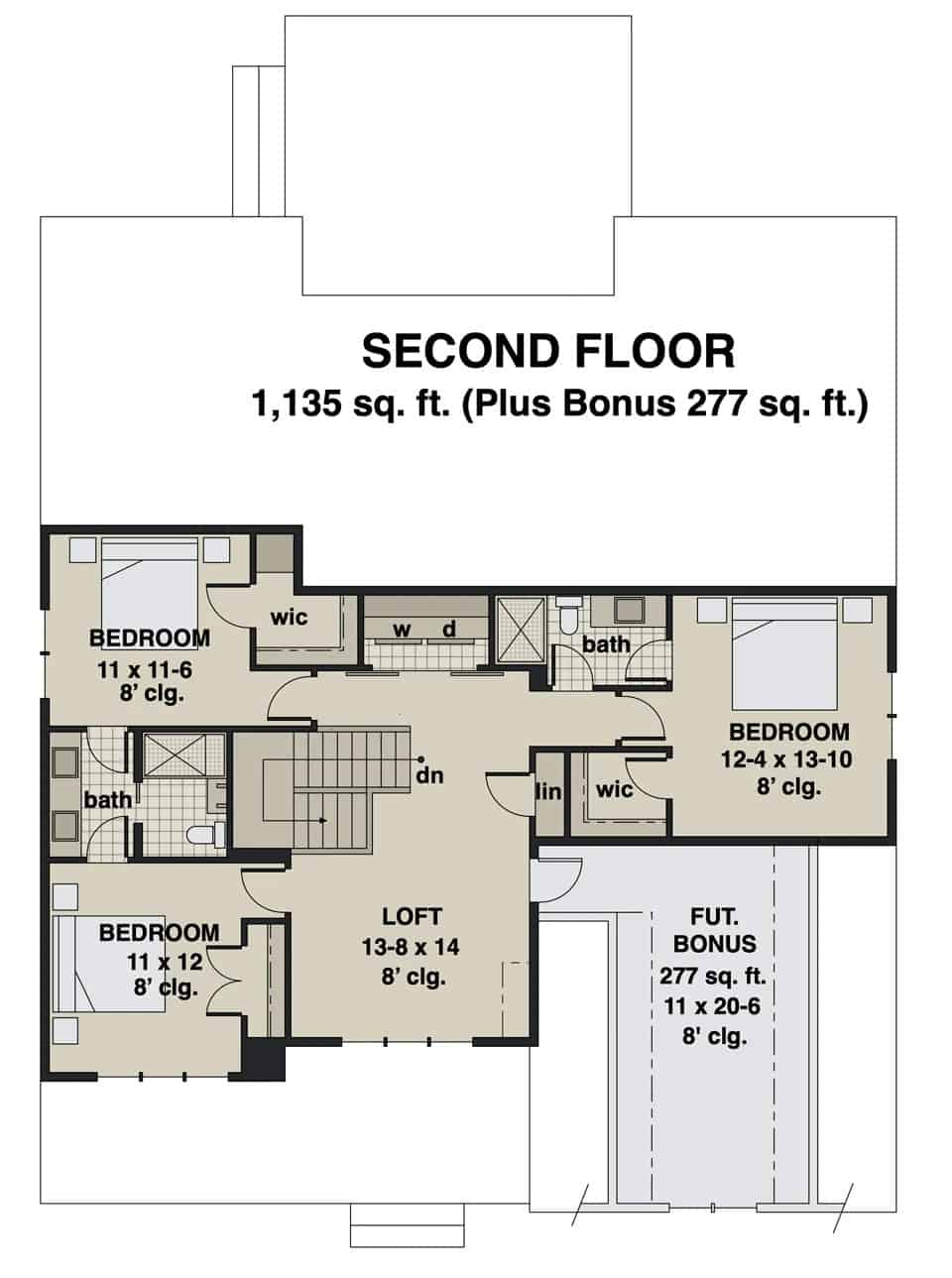 Second level floor plan with three bedrooms, two baths, a loft, and a future bonus room.