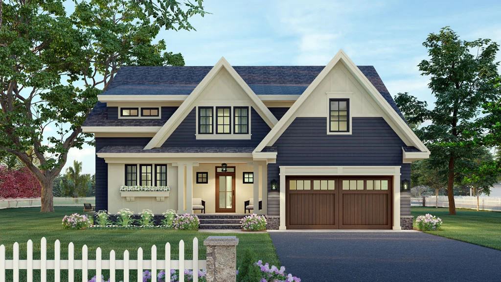 Front rendering with gable rooflines, a double front-facing garage, and a covered entry porch.