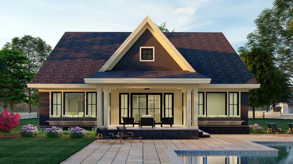 Rear rendering with a pool deck and a covered porch supported by double columns.