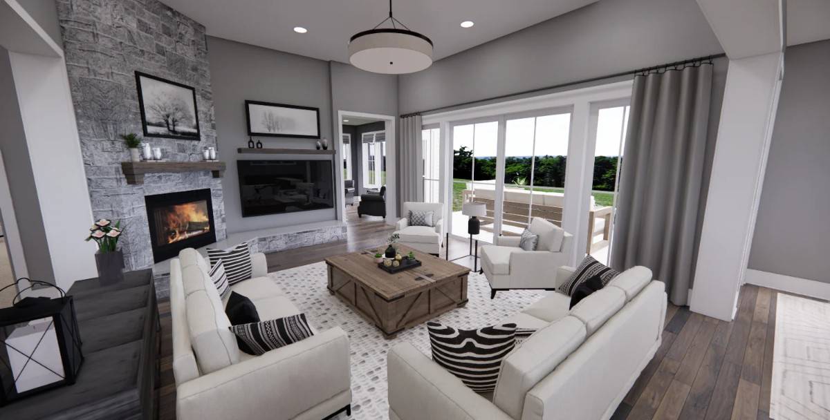 Great room with beige seats, a rustic coffee table, a large TV, and a corner fireplace.