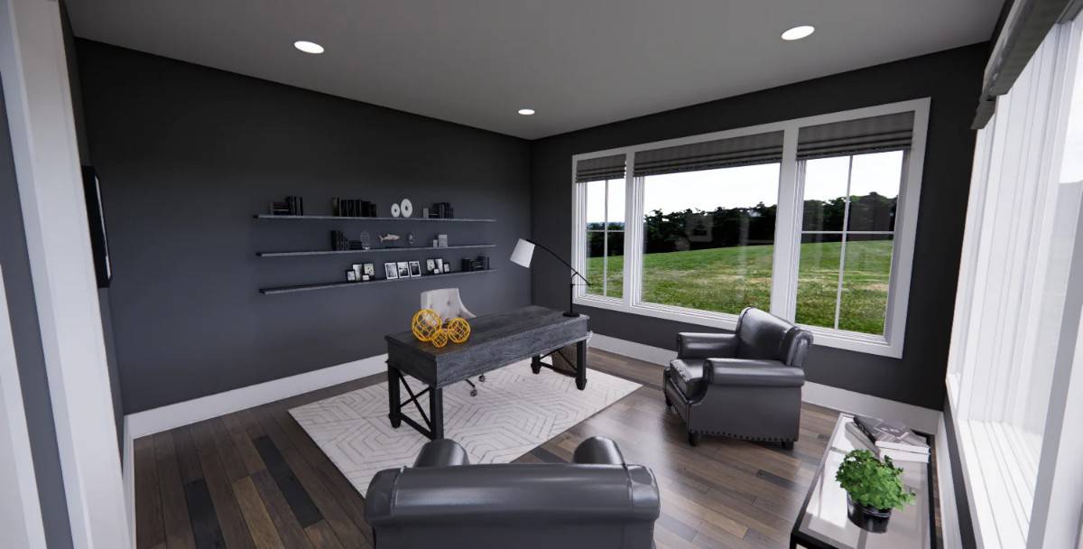 Hone office with leather seats, a dark wood desk, and floating shelves mounted against the black wall.