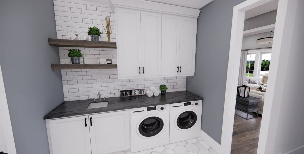 Laundry room with white cabinets, front-load appliances, subway-tiled backsplash, and a hex-tiled flooring with marble pattern.