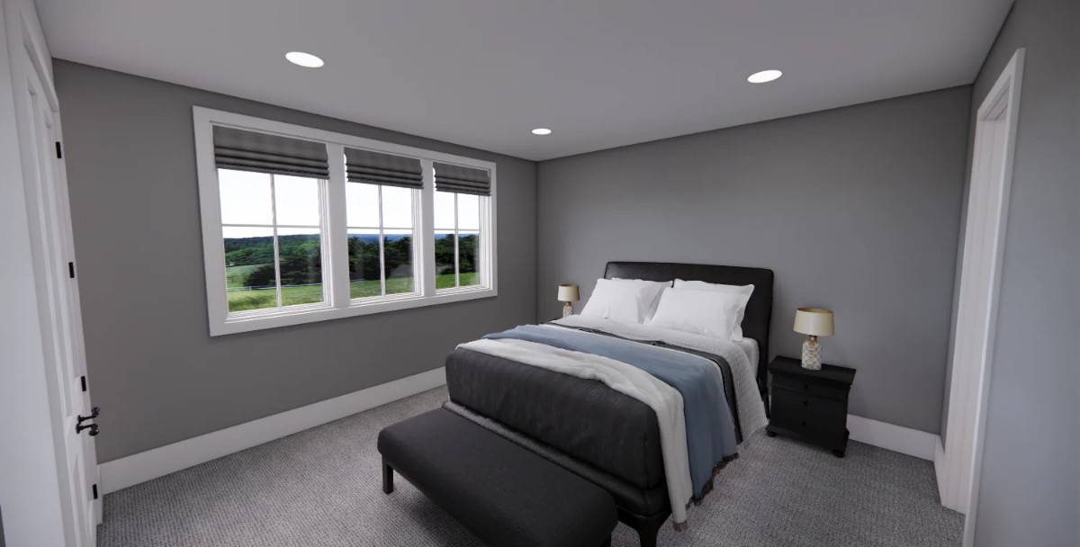Second bedroom with gray walls and a black upholstered bed complemented with a matching bench.