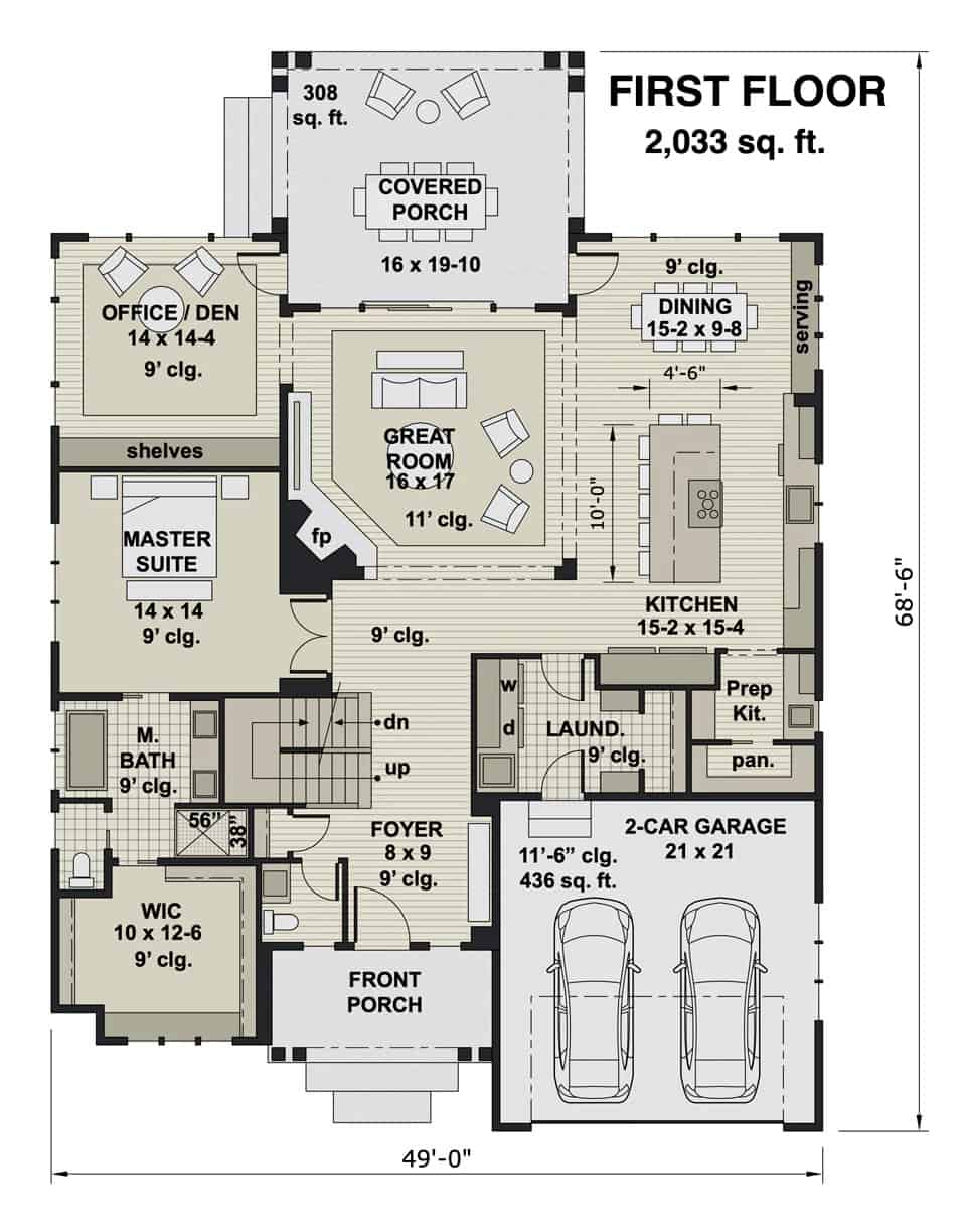 Main level floor plan of the Cedar Bluff two-story 4-bedroom modern farmhouse with foyer, great room, kitchen, dining area, primary suite, office/den, and laundry leading to the garage.