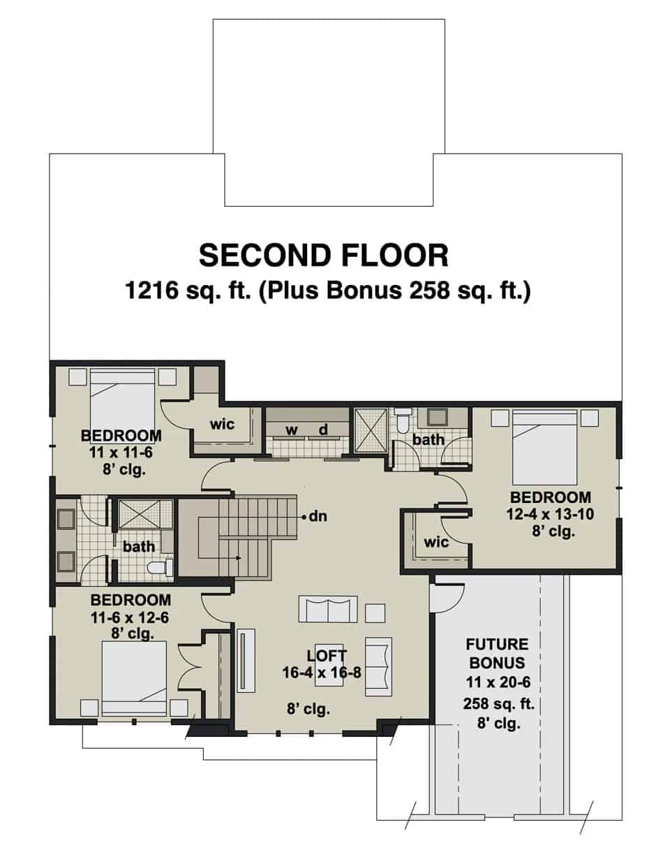 Second level floor plan with three bedrooms, two baths, a laundry closet, a loft, and a future bonus room.