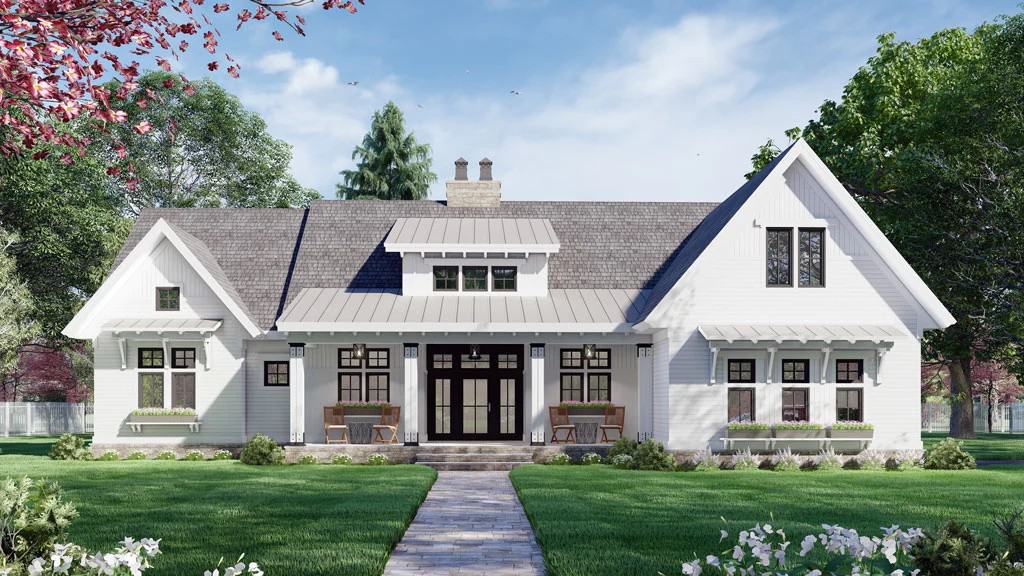 Front rendering with gable rooflines and a covered entry porch topped with a shed dormer.
