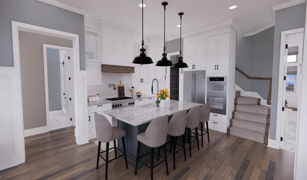 Kitchen with white cabinetry, stainless steel appliances, and a breakfast island with five seating.