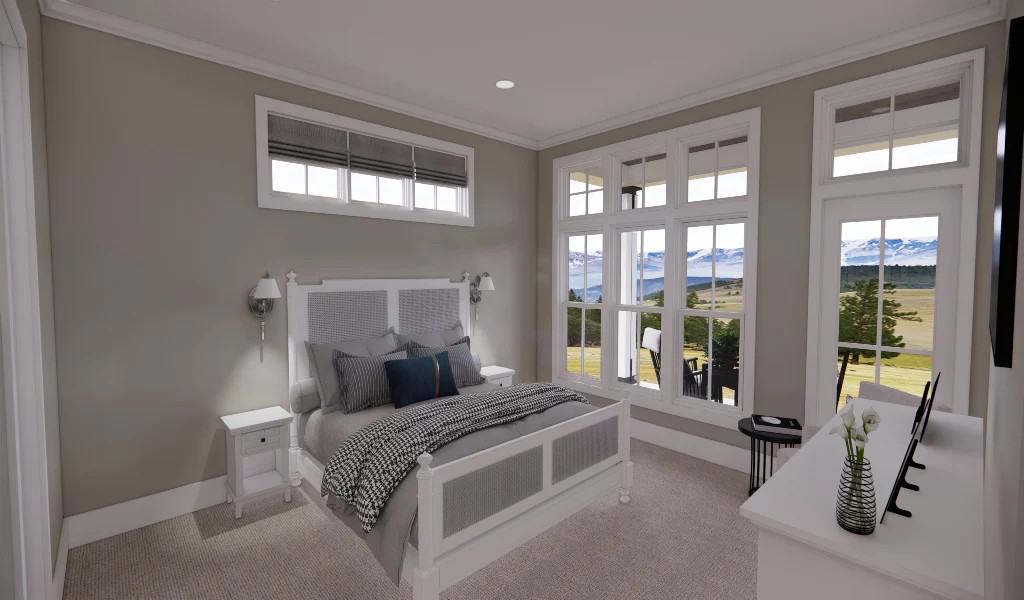 Primary bedroom with white furnishings, a carpeted floor, and private porch access through a glazed door.