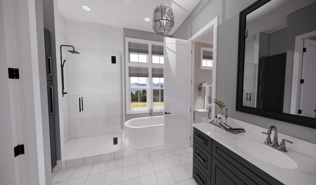 The primary bathroom includes a tiled shower and a soaking tub brightened by white-framed windows.