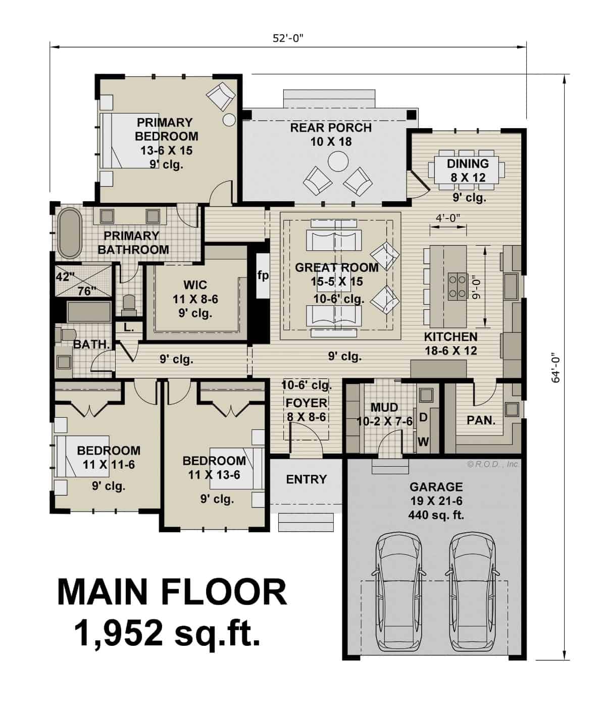 Entire floor plan of a contemporary single-story 3-bedroom Canyon Creek farmhouse with a foyer, great room, kitchen, dining room, three bedrooms, and a mudroom leading to the garage